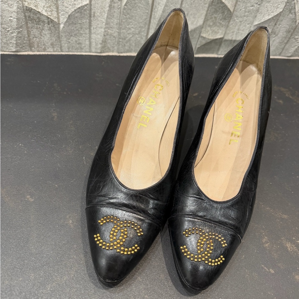CHANEL Black Leather Heels with Gold CC Studs - Picture 3 of 8